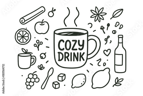 Cozy Drink Illustration. Cozy Drink. Hand-drawn doodle illustration of warm spiced wine cup surrounded by