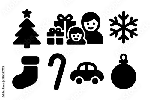 Christmas Icons Collection. Christmas Morning. Filled icon set of Christmas Morning: tree, gifts, kids,