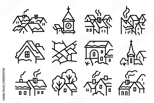 Winter Rooftop Icons. Old Town Rooftops in Winter. Line outline icon set of snowy aerial buildings: historic