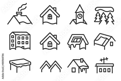 Aerial Winter Icon Set. Aerial Winter Town. Line outline icon set of rooftops under snow: chimney smoke,