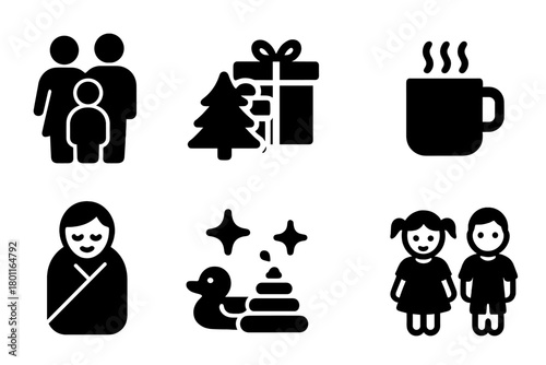 Family Morning Icons. Family Morning. Filled icon set of Family Morning: parents, kids, presents, tree, mug,