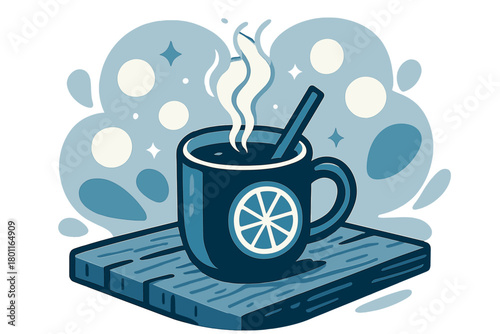 Mulled Wine Serenity. Holiday calm. A single steaming mug of mulled wine on an aged wooden table, surrounded