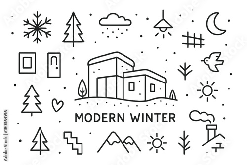 Minimalist Winter Doodles. Modern Winter. Hand-drawn doodle illustration of minimalist modern architecture in