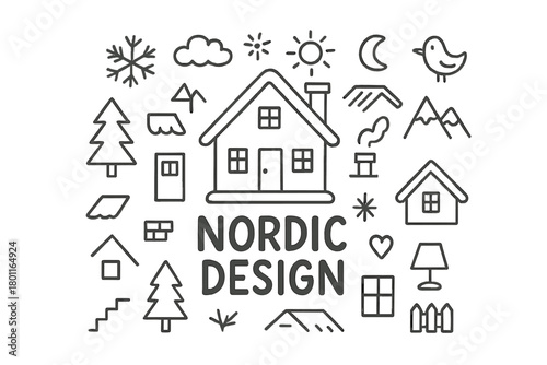 Nordic Minimalist Doodle. Nordic Design. Hand-drawn doodle illustration of minimalist Nordic-style house in