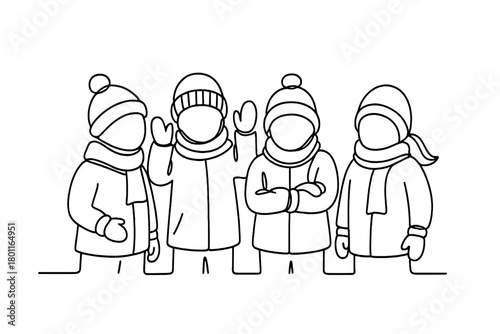 Minimalistic Winter Outlines. Colorful Winter. Minimalistic one-line drawing kids bundled up in hats, scarves,