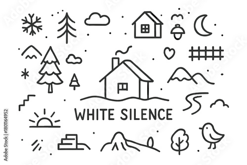 Winter Doodle Wonderland. White Silence. Hand-drawn doodle illustration of minimal house in white winter
