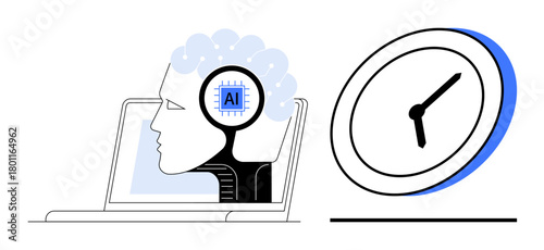 Human head with AI chip on laptop beside clock portrays innovation, technology, automation, efficient workflow, decision-making, futuristic thinking, and time optimization. Simple flat metaphor