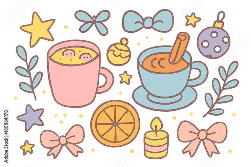 Festive Table Arrangement. "Holiday table flat lay". Cozy doodle of warm drinks, fruit, candles, ornaments,
