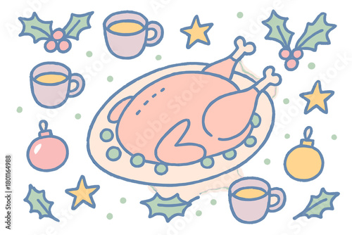 Christmas Meal Flat Lay. "Holiday table flat lay". Naive doodle of a Christmas meal flat lay with roasted