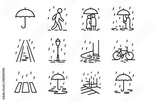 City Rain Icons. City Umbrellas. Line outline icon set of street moments in rain: umbrella silhouettes,