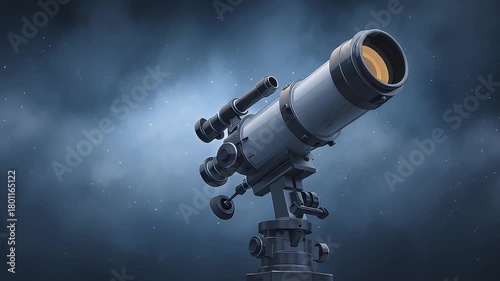 A sleek telescope stands against a dark, starry sky, ready for exploration.