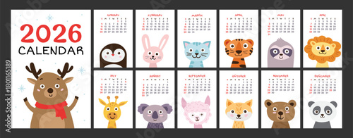 2026 calendar with cute animals. Yearly planner calendar with all months and week start on Sunday