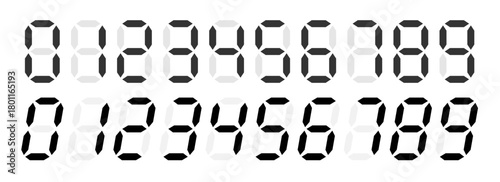 Digital numbers collection from 0 to 9. Seven-segment display for clock or price tag with black digits