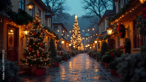 a cozy, illuminated street at dusk, with Christmas lights strung overhead, a decorated tree