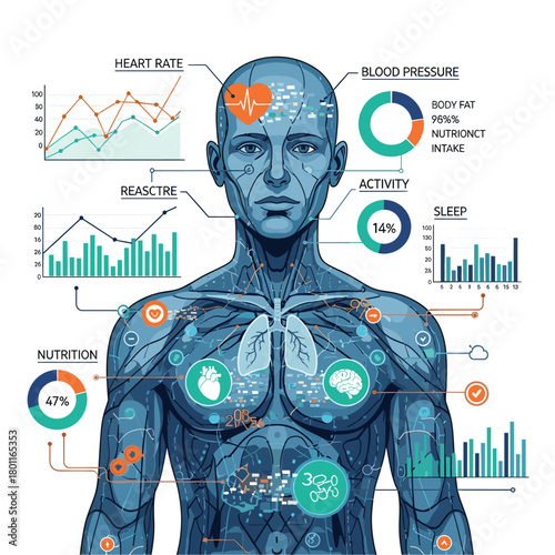 Illustration of a human body with various health data points visualized, representing health monitoring and data analysis isolated on
