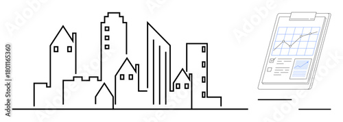 Urban skyline of diverse modern buildings with a clipboard chart showing graphs and statistics. Ideal for business growth, urban development, real estate, architecture, analysis, strategy, simple