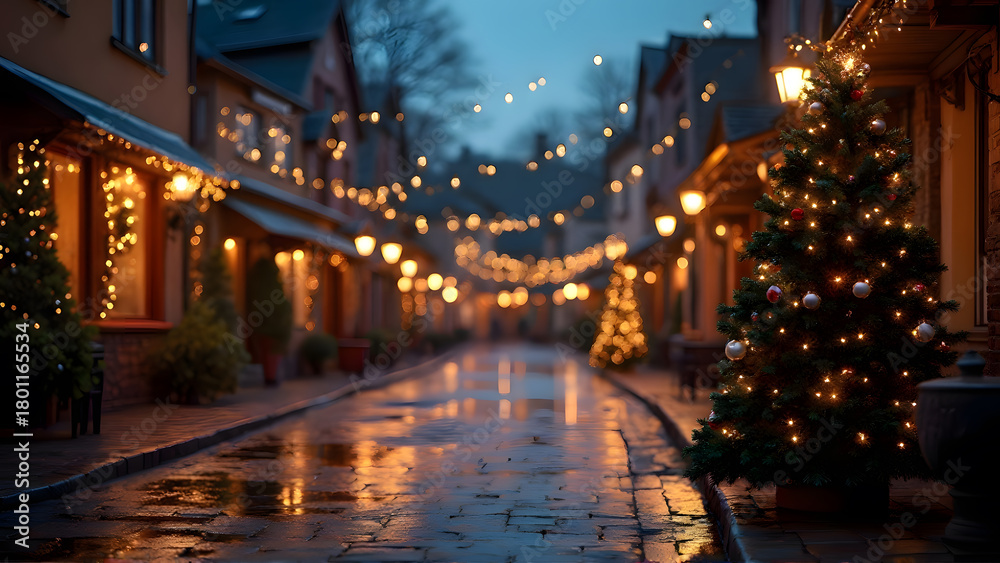 Obraz premium a cozy, illuminated street at dusk, with Christmas lights strung overhead, a decorated tree