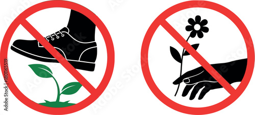 Two prohibition signs one showing a foot stepping on a plant and another a hand picking a flower symbol on transparent background