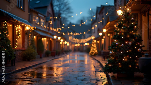 a cozy, illuminated street at dusk, with Christmas lights strung overhead, a decorated tree