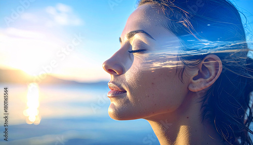 Mindful inspiration, emotional healing calm face with reflected light patterns