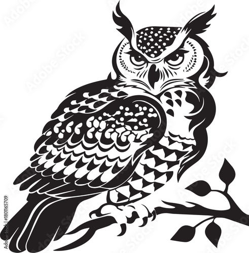 Wise Owl on Branch: An intricately designed illustration showcases a wise owl perched majestically on a branch, its piercing gaze suggesting deep understanding and knowledge.