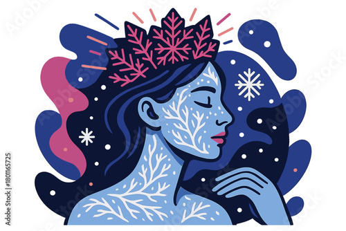 Frost Queen Portrait. Queen of frost. Close-up portrait of a serene woman with icy patterns across her skin,