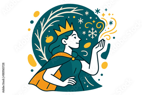 Frozen Queen's Radiance. Frozen light. The queen raises her hand as snow swirls in glowing patterns around her