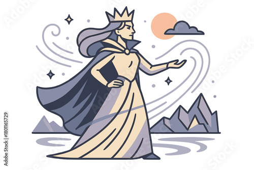 Ice Queen Elegance. Ice realm ruler. The queen stands tall against a frozen landscape, crown gleaming under a