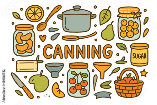 Fruit Canning Doodle. Canning fruit. Hand-drawn doodle illustration of canning fruit. Mason jars, fruit slices