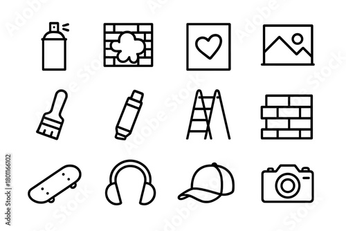Street Art Icons. Street art culture. Line outline icon set of street art culture: spray paint can, graffiti