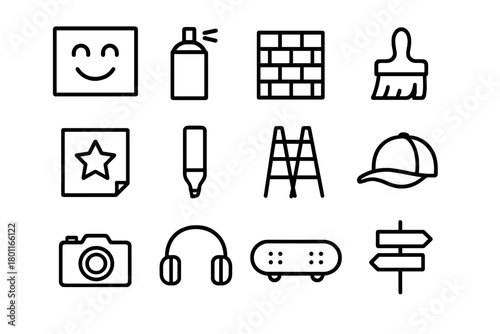 Street Mural Icons. Street mural creation. Line outline icon set of street mural creation: mural, spray paint