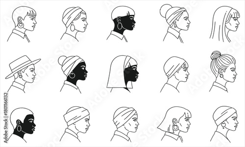 Diverse Profile Portraits A Collection of Minimalist Line Art Faces