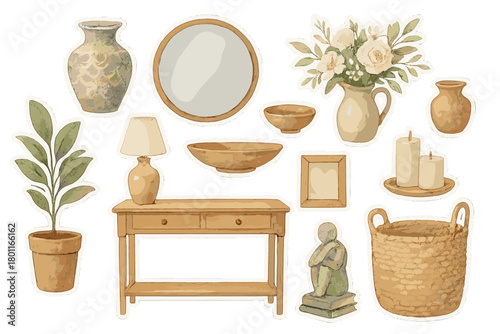 Watercolor Foyer Stickers. Foyer Centerpiece. Realistic hand-painted watercolor style sticker sheet of foyer