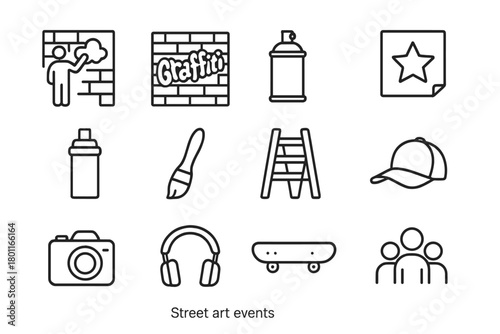 Street Art Icons. Street art events. Line outline icon set of street art events: mural, graffiti wall, spray