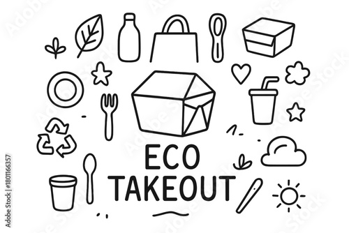 Eco Takeout Doodle. Eco Takeout. Hand-drawn doodle illustration of Eco Takeout. In the middle, one slightly