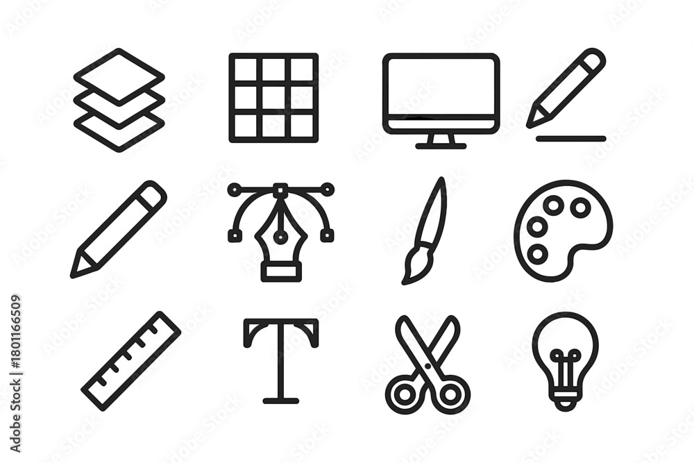 Fototapeta premium Creative Tools Icon Set. Creative workflow. Line outline icon set of creative workflow: layers, grid, computer