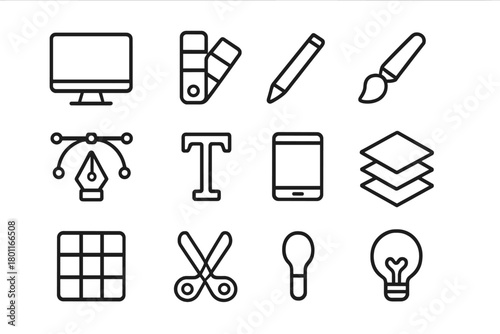 Graphic Design Icons. Graphic design. Line outline icon set of graphic design: computer monitor, color palette