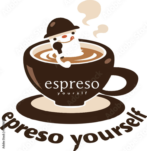 Espresso Moment: a charming and quirky illustration of a character relaxing in a cup of espresso, inviting viewers to embrace the moment.