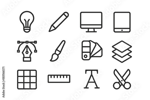 Design Thinking Icons. Design thinking process. Line outline icon set of design thinking process: light bulb,