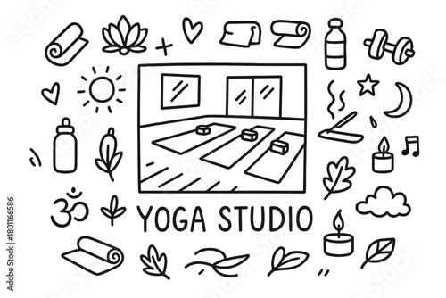 Yoga Studio Doodles. Yoga Studio. Hand-drawn doodle illustration of Yoga Studio. In the middle, one slightly