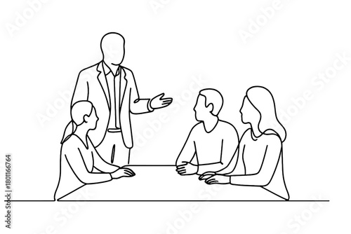 Minimalist Team Meeting. Leadership Collaboration. Minimalistic one-line drawing manager addressing team