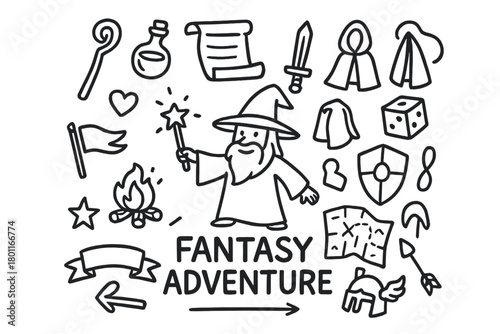 Doodle Fantasy Adventure. Fantasy Adventure. Hand-drawn doodle illustration of Fantasy Adventure. In the