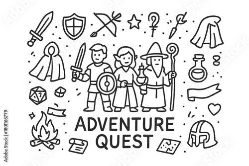 Adventure Quest Doodles. Adventure Quest. Hand-drawn doodle illustration of Adventure Quest. In the middle,