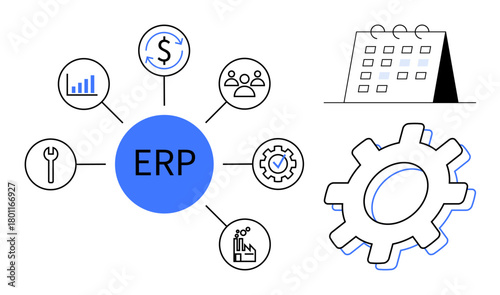 ERP system centralized in a network with icons for finance, analytics, planning, tools, teamwork, and productivity. Ideal for process optimization, resource management, cost control workflow