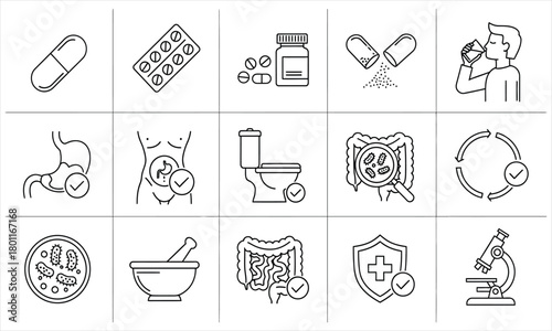 Line Art Icon Set Illustrating Digestive Health, Gut Microbiome Balance, Pharmaceutical Treatments, and Overall Wellness Concepts