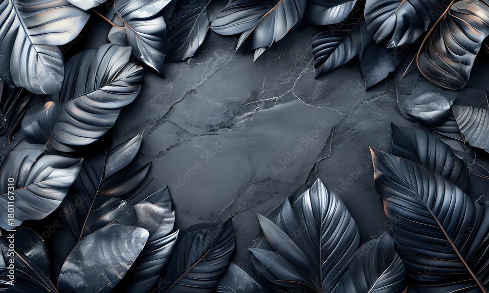 Obraz premium Elegant dark botanical background featuring glossy leaves arranged over a textured stone surface. Premium minimal nature design perfect for packaging, branding, luxury product promotion cosmetics