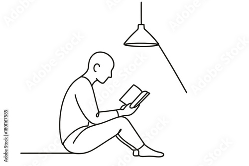 Minimalist Reading Scene. Reading in Solitude. Minimalistic one-line drawing person sitting alone with book