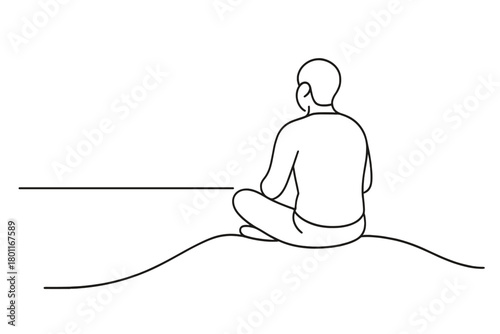 Hilltop Reflection Sketch. Quiet Moments of Reflection and Solitude. Minimalistic one-line drawing person