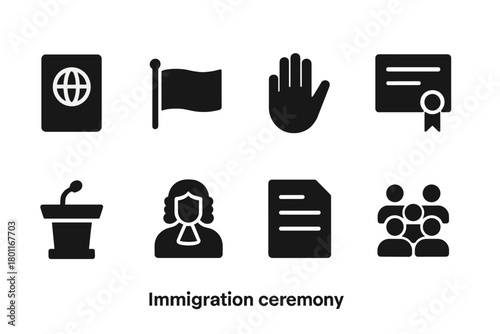 Immigration Ceremony Icons. Immigration Ceremony. Filled icon set of Immigration Ceremony: passport, national