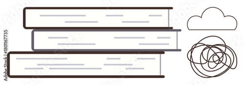 Stack of books alongside a cloud and a scribble denoting knowledge, ideas, and thought processes. Ideal for education, knowledge, creativity, learning, brainstorming, literature abstract concepts